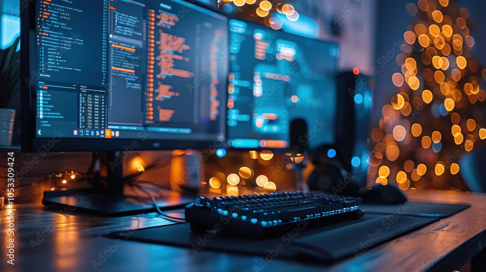 Poster high tech workstation featuring multiple monitors, keyboard, and microphone, illuminated by soft bok