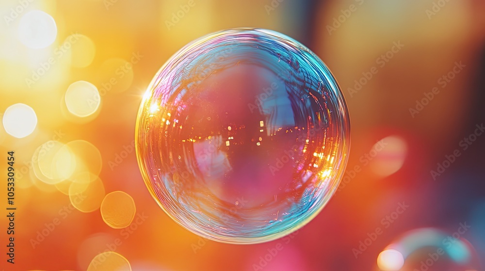 Poster a single iridescent soap bubble floats against a background of warm bokeh lights.