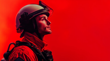 Firefighter in uniform and helmet with a determined expression, standing against a solid red background.
