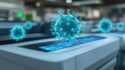 Fototapeta premium Illustration of bacteria on a shared office printer button, symbolizing germ accumulation on frequently touched office equipment