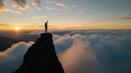 breathtaking mountain peak with person standing triumphantly at sunrise, surrounded by clouds. scene evokes sense of adventure and inspiration