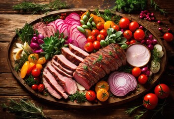 deliciously crafted succulent meat platter stunningly decorated vibrant colorful garnishes featuring fresh herbs bright vegetables, appetizer, catering