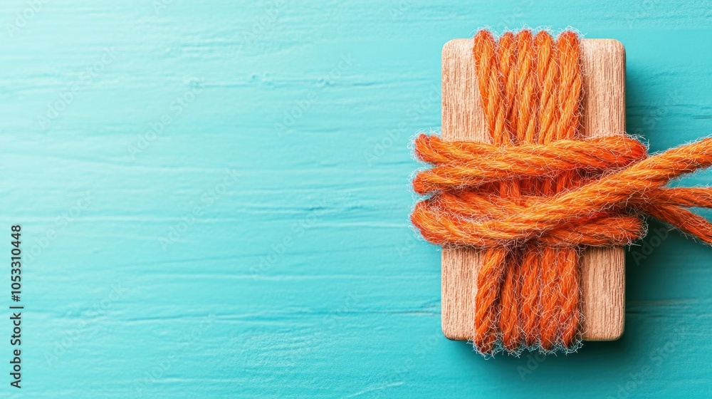 Poster creative use of twine on a wooden block against a vibrant aqua background for crafting and decoratio