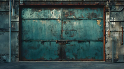 Fototapeta premium Rusty Metal Garage Door with Concrete Floor - Industrial Background Illustration