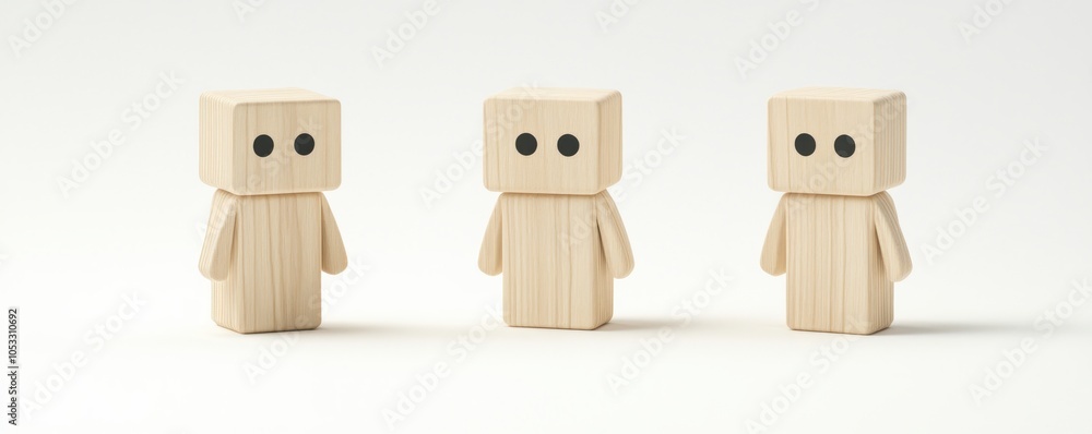 Poster three wooden figures representing connection and innocence in minimalistic design