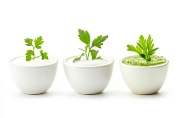 Fototapeta premium Bowls with creamy yogurt dips topped with fresh herbs, on plain background, showcasing healthy flavors