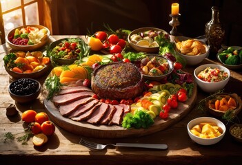 savory meat platter accompanied vibrant array diverse side dishes featuring fresh juicy artisan breads, appetizer, charcuterie, cheese, vegetable, fruit
