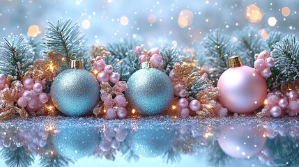 Holiday decorations. Festive Christmas decorations in vibrant colors, New Year celebrations