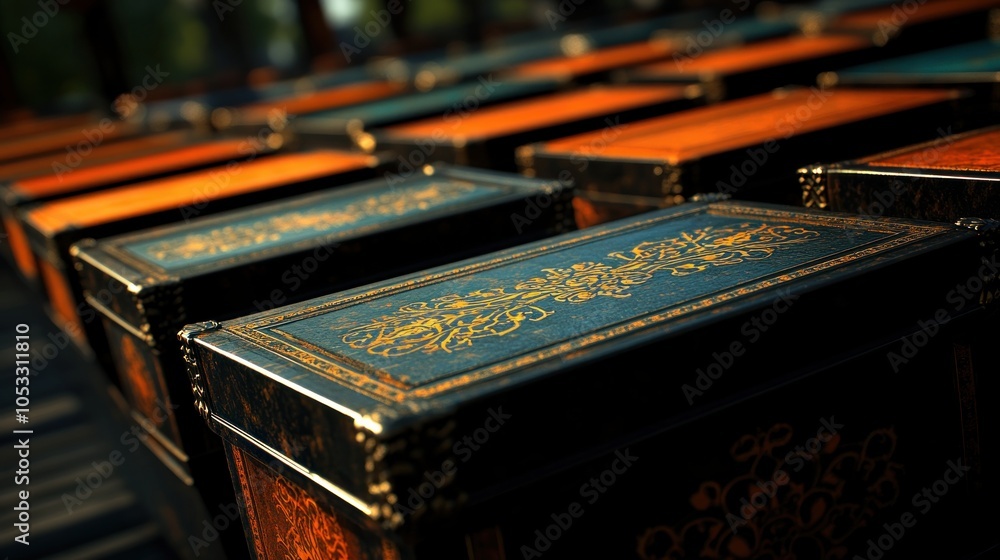 Poster intricate vintage boxes in a row a study of craftsmanship and design aesthetics