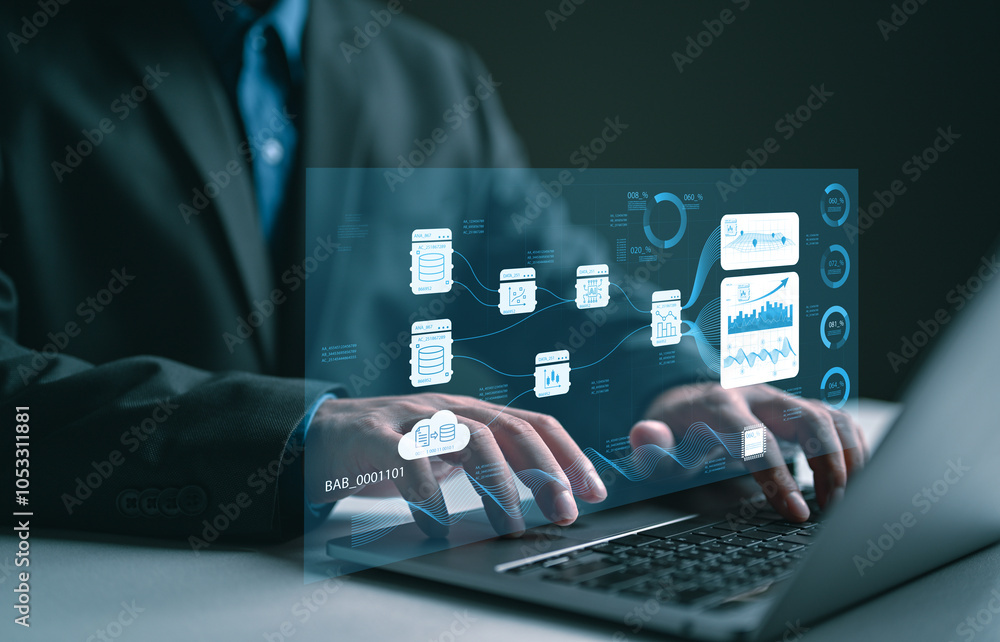 Poster Businessman using AI technology for data analytics, Artificial Intelligence generate. Futuristic technology, robot in online system. Data management system invest and develop corporate concept.