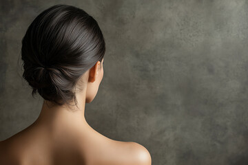 Elegant portrait of a woman with a bun hairstyle against a textured backdrop, emphasizing simplicity and beauty.