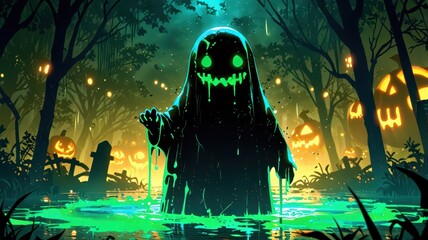 Pumpkin ghost in dripping slime font, eerie green mist, Halloween vibe 