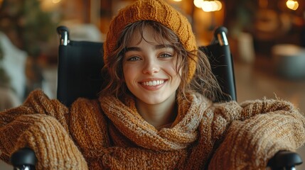 A young woman with curly brown hair smiles brightly while wearing a warm, brown knit sweater and matching hat. She is sitting in a wheelchair.