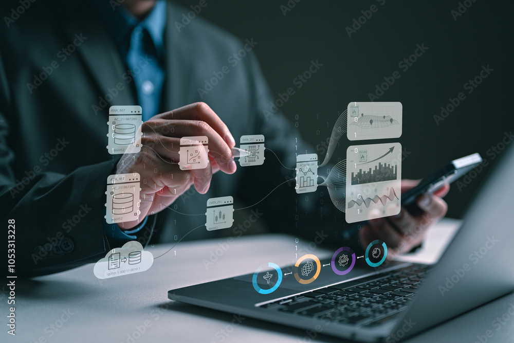Poster businessman using ai technology for data analytics, artificial intelligence generate. futuristic tec