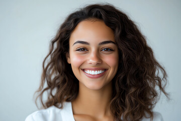 Fototapeta premium Portrait of a smiling woman with curly hair, conveying happiness and warmth against a soft background.