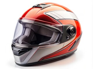Fototapeta premium A motorcycle helmet is showcased against a clean white background, isolated and ready for use. With a clipping path included, this image offers flexibility for various design purposes