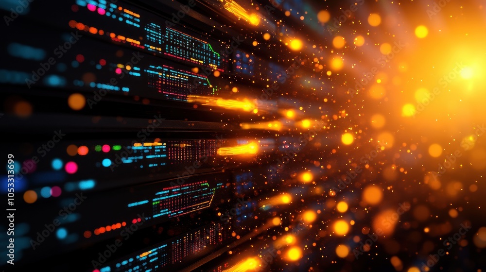 Poster Dynamic visualization of data flow in a high-tech environment with glowing particles and server elements
