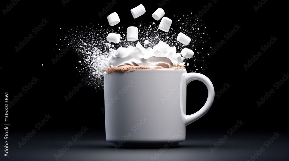Poster marshmallow explosion in hot chocolate: a delightful, dynamic image of marshmallows exploding into a