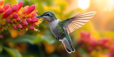 Obraz premium A vibrant hummingbird with iridescent green feathers hovering near colorful flowers, capturing the essence of nature at sunset with warm, golden light filtering through the scene.