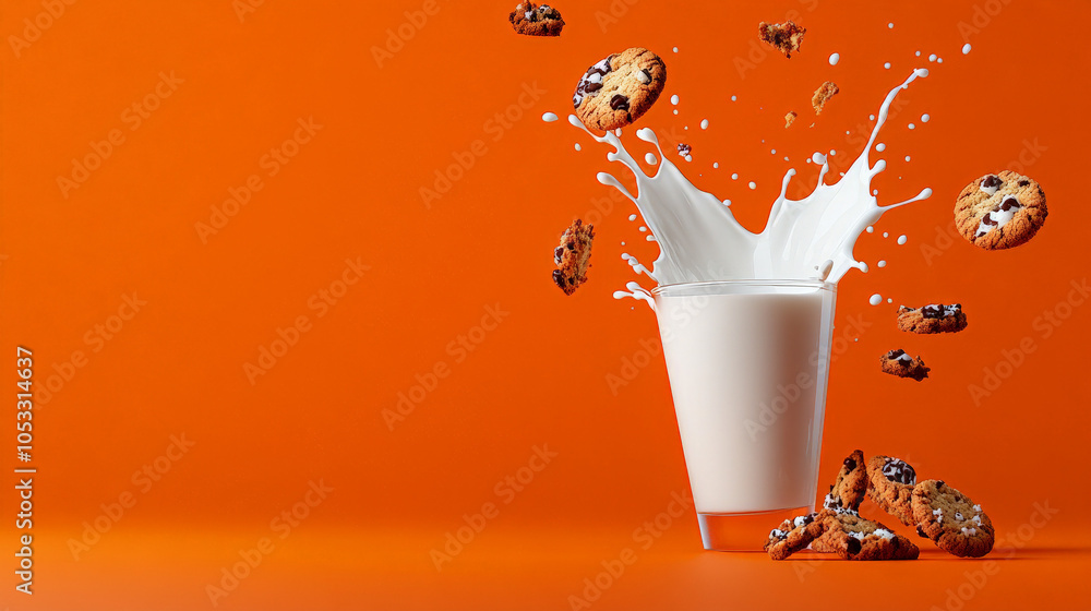 Poster milk and cookies splash: a glass of milk is splashed by falling chocolate chip cookies, creating a d