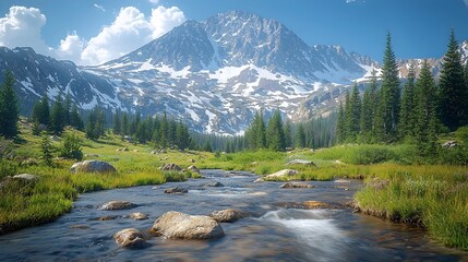 Obraz premium A serene landscape showcasing a vibrant river flowing through green meadows, surrounded by tall pine trees and majestic snow-capped mountains under a bright blue sky.