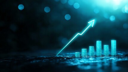 A visually striking representation of growth, featuring ascending bars and an upward arrow against a blurred blue background, symbolizing success and progress.