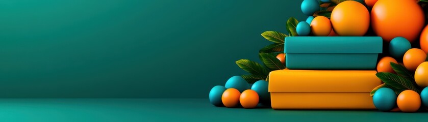 Colorful arrangement of geometric shapes and orbs on a vibrant background for modern design inspiration