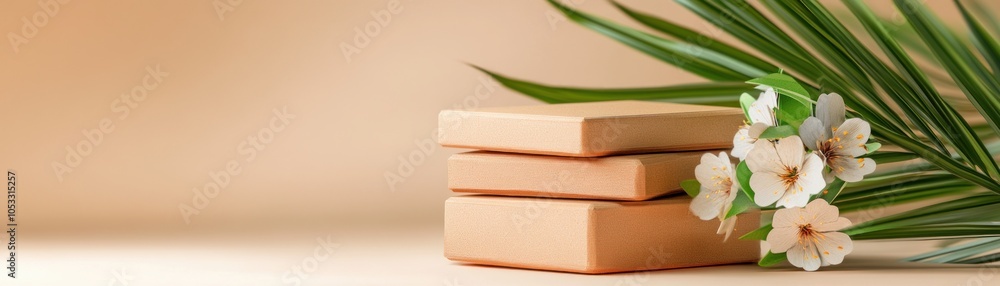 Poster Elegant presentation of natural elements with decorative boxes and blossoms for serenity in lifestyle spaces