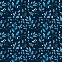 Seamless Leaves, Branches and Stars Pattern on a Dark Background. Botanical Natural Texture for Fabric, Wallpaper, Packaging and Eco Design