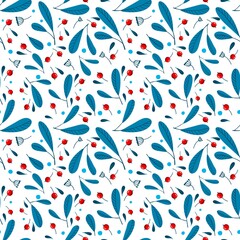 Seamless Blue Leaves and Berry Pattern on a White Background. Botanical Natural Texture for Fabric, Wallpaper, Packaging and Eco Design