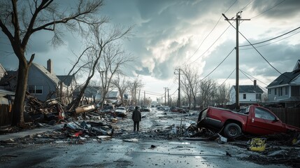 A haunting scene of a residential street covered in debris after a tornado, with fallen power lines, overturned vehicles, and homes torn apart