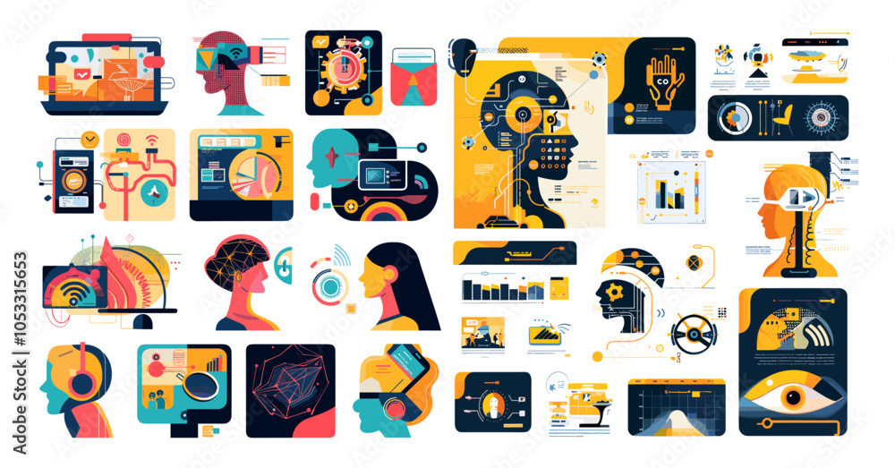Aufkleber synthetic intellect data research cartoon vector ideas. head robot face profile bars chart ai mind c