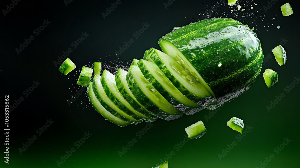 Aufkleber cucumber splash: a fresh, vibrant cucumber explodes into a cascade of slices, suspended in mid-air a