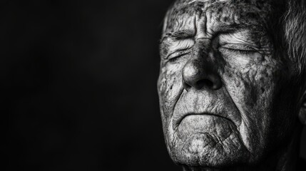 Fototapeta premium An elderly man sits with his eyes closed, lost in thought, illuminated by gentle natural light, evoking a sense of peace and introspection in a tranquil setting.