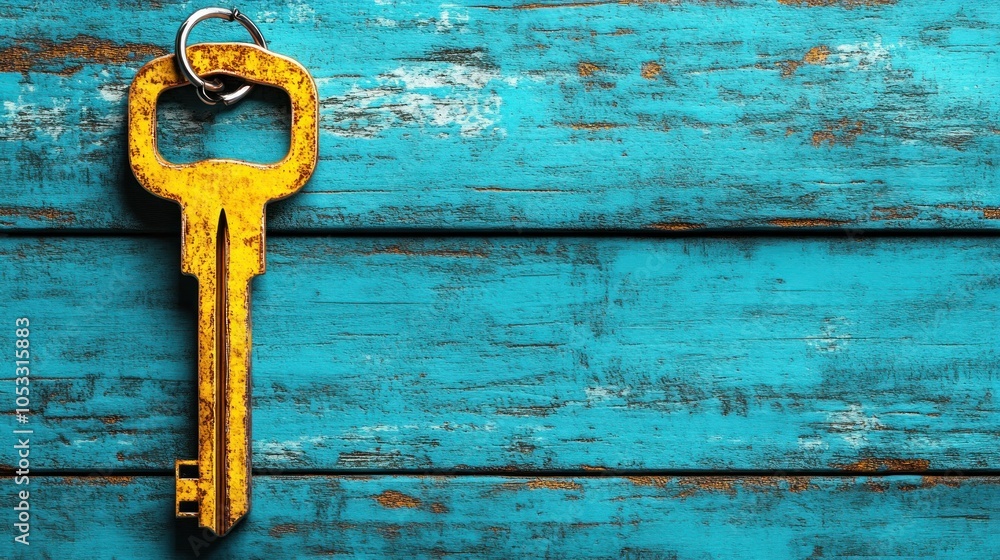 Aufkleber vintage key on rustic blue wooden background symbol of security and unlocking potential in life