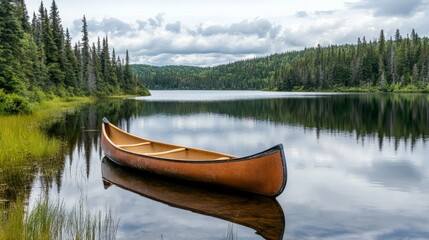 Obraz premium Peaceful Canoe on a Serene Lakeside Scene