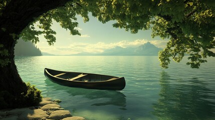 Tranquil Lakeside Canoe Scene Under Clear Sky