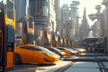 Obraz premium Electric cars lined up at charging stations in a futuristic urban environment, with a clean, eco-friendly cityscape and solar panels visible on nearby buildings.