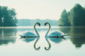 Fototapeta premium Two swans facing each other in a lake, forming a heart shape with their necks, symbolizing love and unity. The calm lake reflects their serene companionship.
