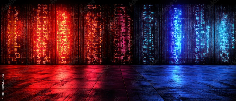 Poster Illuminated digital walls a fusion of color and technology in a modern space