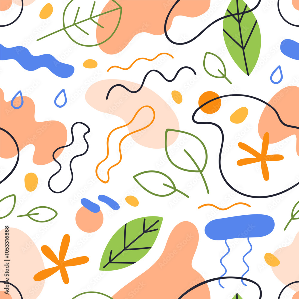 Poster Seamless abstract pattern with organic shapes and leaf. Natural texture design, endless background. Repeating print for fabric, wrapping with scribble elements. Colored flat vector illustration