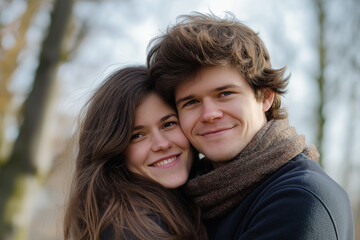 Fototapeta premium Young couple embracing in a natural, autumn setting. The golden leaves and cool air add to the warm, affectionate moment between them, celebrating love in nature.