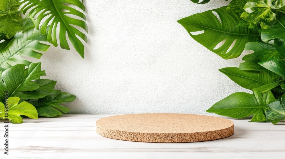 Poster elegant natural display platform surrounded by lush greenery for stunning visual presentations