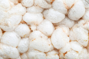 Close-up image of rice crispbread with a detailed texture. The rice puffs form a compact, natural pattern with light golden brown accents, highlighting the porous, airy structure. 