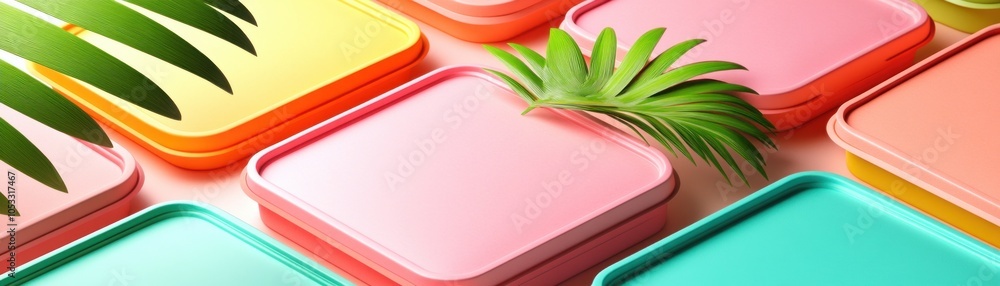 Poster vibrant colorful containers surrounded by lush greenery a playful composition of nature and design e
