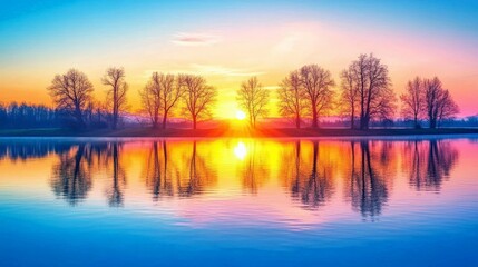 Fototapeta premium Scenic Sunset Over Calm Lake with Colorful Reflections