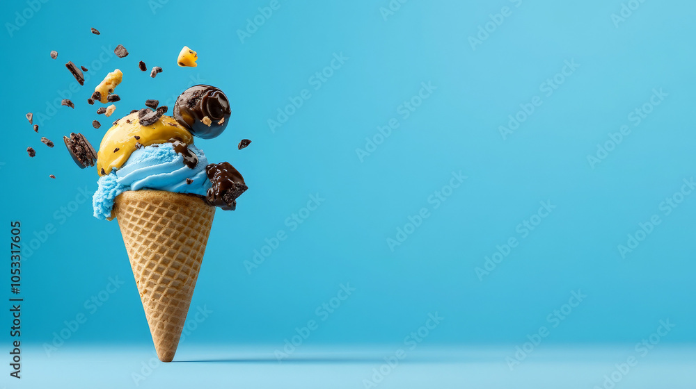 Aufkleber ice cream explosion: a vibrant, playful image of an ice cream cone with exploding scoops of blue and
