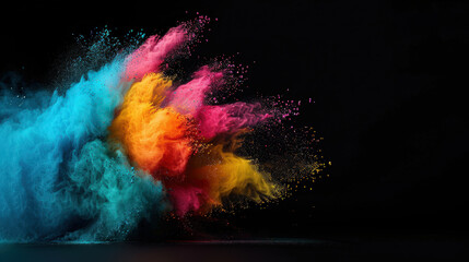 Bright and bold multicolor powder explosion creates stunning visual effect against dark background, showcasing vibrant hues of blue, pink, orange, and yellow