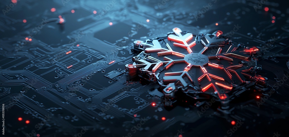 Fototapete futuristic snowflake design on a digital circuit board, showcasing a blend of nature and technology.