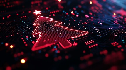 Digital Christmas tree illustration combining holiday themes with circuit patterns and glowing effects.